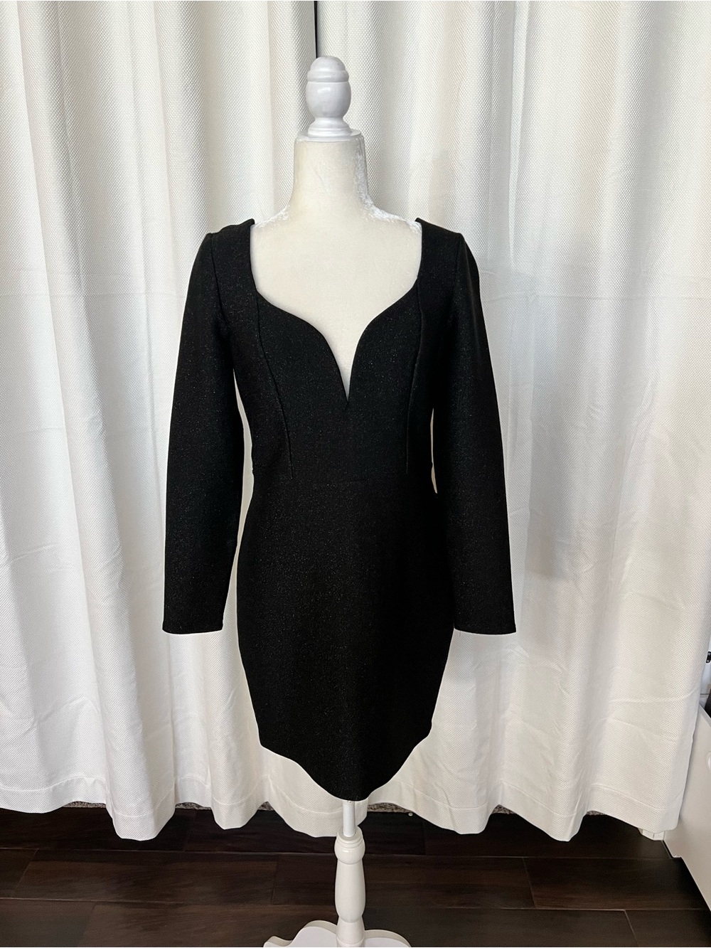Express Black Sparkling Long-Sleeve Mini Dress with Plunge Neck